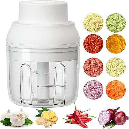 Electric Mini Food Chopper,250ML Portable Garlic Chopper with USB Charging Function, Mini Food Slicer for Onion Vegetables Chili Ginger Meat Nuts Fruits Salad (White)