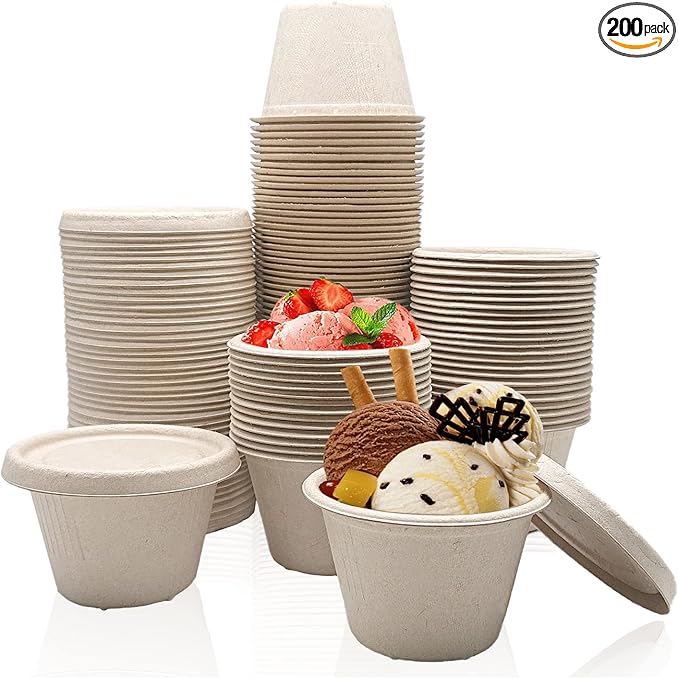 Goiio 200 Pcs 4 Oz Bagasse Fiber Condiment Cups with Lids, Compostable Portion Cups, Disposable Souffle, for Snack Dressing Food Storage