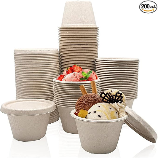 Goiio 200 Pcs 4 Oz Bagasse Fiber Condiment Cups with Lids, Compostable Portion Cups, Disposable Souffle, for Snack Dressing Food Storage