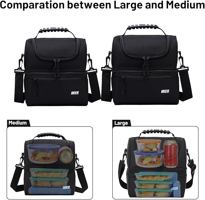 MIER Adult Lunch Box Insulated Lunch Bag Large Cooler Tote Bag for Men, Women, Double Deck Cooler(Black Large)