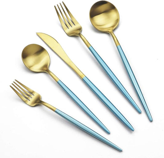 JASHII Luxury 18/10 Blue Handle Flatware Gold Silverware Set 304 Stainless Steel Flatware Cutlery Set| 20-Piece Adaline Royal Modern Satin Finish| BEST Birthday Wedding Gift (Blue Handle Matte Gold)