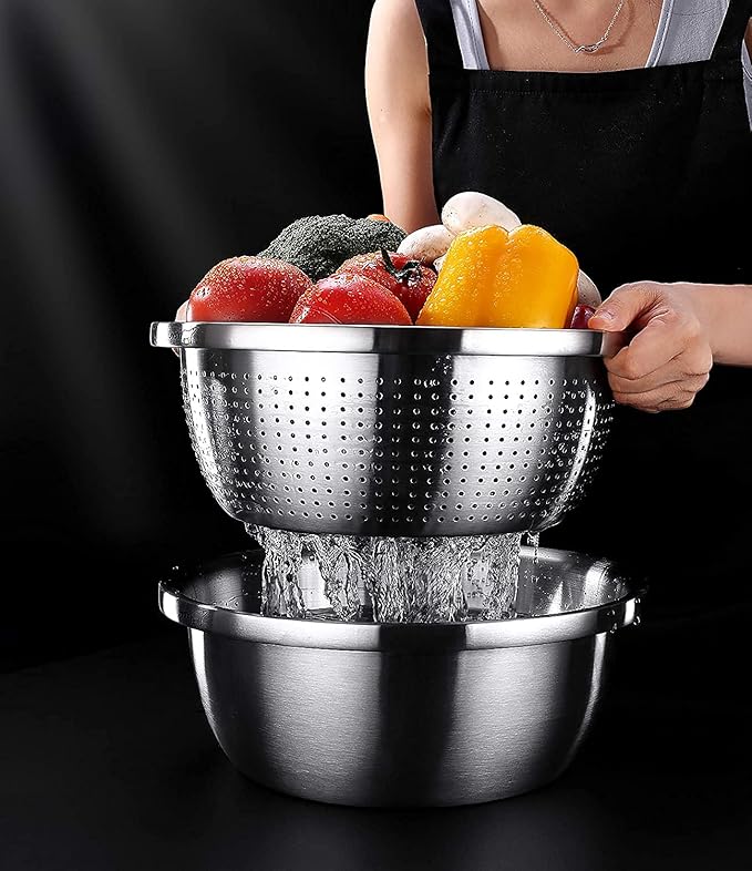 meleg otthon Stainless Steel Mixing Bowls, 8.5QT Salad Bowl, Metal Bowls With water filter basin, Stainless Steel Basin, Heavy Duty Deeper Edge Mirror Finish Dishwasher Safe Bowl (XXL)…