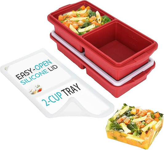 Silicone Freezer Tray With Lid-Soup Freezer Container molds-2-cup Extra Large Ice Cube Tray-makes 4 perfect 500ml portions cubes, For freezing soup,stews,sauces.Oven&Dishwasher-Safe(2-Pack)