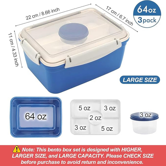 shopwithgreen LARGER Salad Containers To Go for Lunch (3 Pack), Bento Box with Dressing Pots & 5-Compartment Removable Tray, Microwave and Dishwasher Safe, BPA-free, 64 oz
