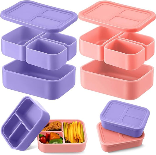 Baderke 2 Pcs Silicone Bento Box for Kids Lunch Box with 3 Compartments Leak proof lunch Container for Children Toddlers for Microwave, Freezer and Dishwasher(Light Purple, Light Pink)