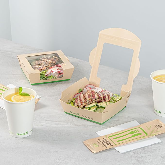 Restaurantware-Sustain 26 Ounce Sturdy Paper Take Out Boxes, 50 Disposable Take Out Food Containers - With PLA lining, Clear PLA Window, Bamboo Paper Containers, Compostable, Tab-Lock Design