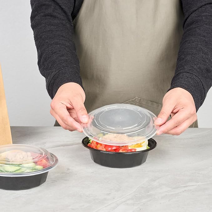 Restaurantware Asporto 16 Ounce To Go Boxes 100 Microwavable Take Out Food Containers - Clear Plastic Lids Included Do Not Contain BPA Black Plastic Catering Food Containers Disposable Round