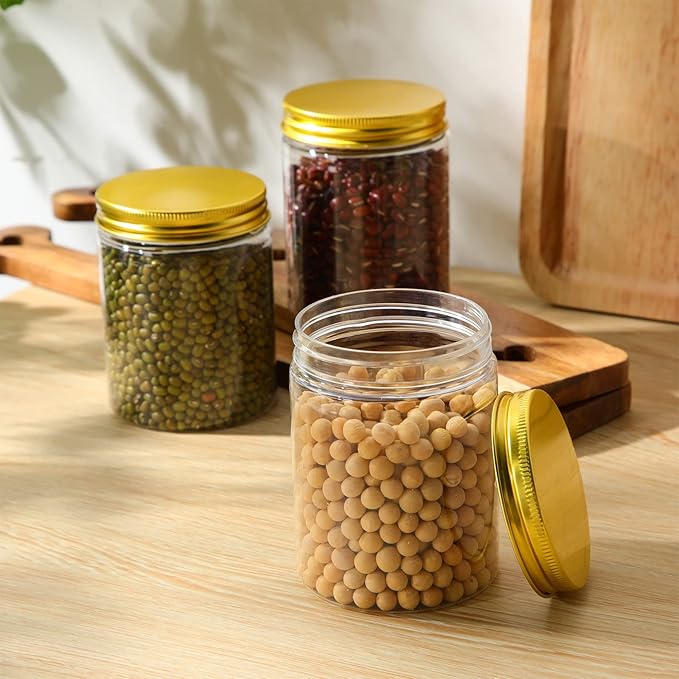 Aoriher 48 Pcs 8oz Plastic Mason Jars with Lids Round Clear Plastic Jars Containers Refillable Small Empty Storage Containers Food Canisters for Kitchen Storage(Gold)