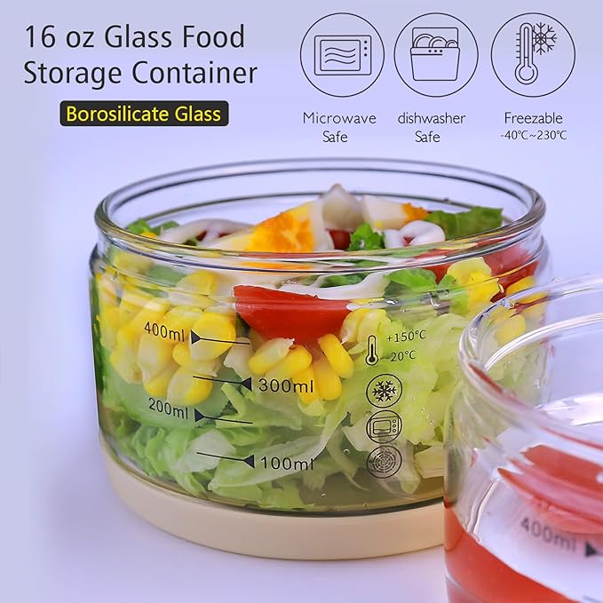 16 oz Glass Container with Silicone Lid,Glass Food Storage Container-Clear,Meal Prep Containers, Glass Freeze Bowls, Microwave Safe (2pcs)