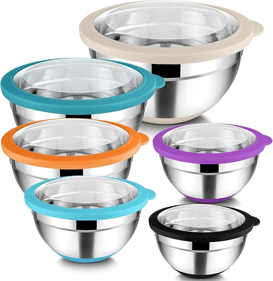 TeamFar Mixing Bowls with Lids, 4.6/3.5/2/1.5/1/0.7 QT Stainless Steel Nesting Salad Bowls with Airtight Lids, For Mixing Serving, Non-Toxic & Sturdy, Non-Slip & Visible, Multi-Color, Set of 6