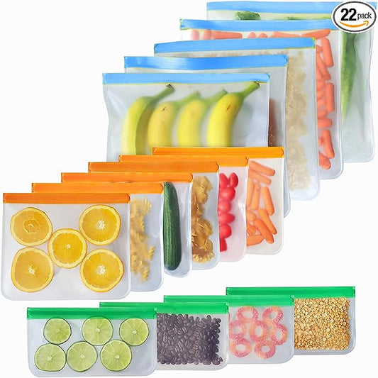 | 22 Pack Reusable Storage Bags, BPA FREE(4 Gallon Ziplock Bags+ 9 Reusable Snack Bags + 9 Sandwich Bags) Food grade PEVA, Leakproof Bags for Meat, Fruit, Vegetable)
