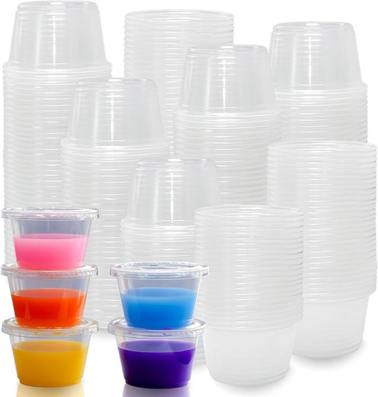 4oz Crystal Jello Shot Cups with Lids 100 Set, Airtight & Freezer Safe Small Meal Prep Plastic Portion Cups for Salad Dessert Condiment Sauce Souffle, Food Storage Cups for Lunch Party Trips