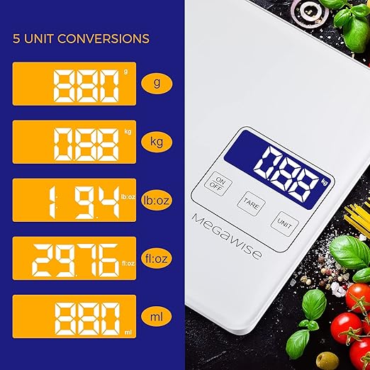 MEGAWISE Digital Kitchen Scale，33lb/15kg Food Scale with LCD Display,5 Units with Tare Function, Weight Grams and Oz for Cooking Baking,1g/0.04oz Precise Graduation，Waterproof Tempered Glass
