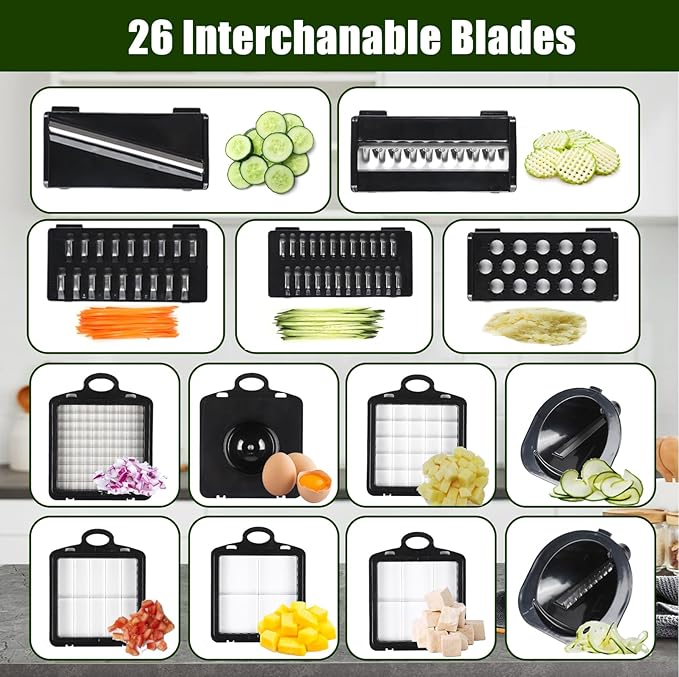 Multifunctional vegetable cutter 26 in 1 vegetable slicer, cucumber slicer, potatoes, tomatoes, zucchini, garlic, eggs, vegetable cutter with container and lid, salad cutter, dicing machine, shredder
