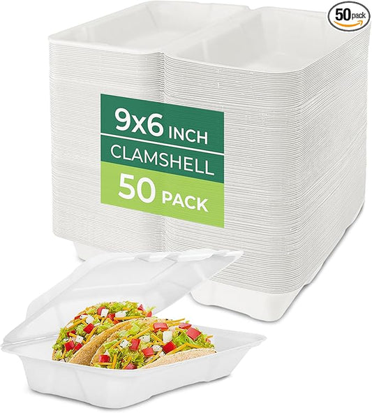 Freshware Clamshell Food Containers with Lids [9x6 50-Pack] Disposable To Go Containers, Biodegradable Sugarcane To Go Boxes - Paper Container - Microwave & Freezer Safe, Stackable