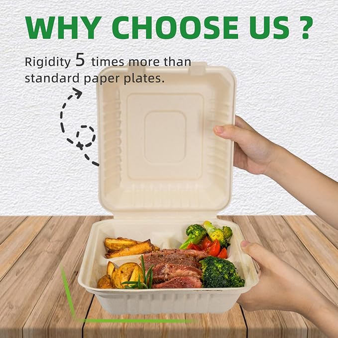 100-Pack [8”X8” 3 Compartment] Clamshell Take Out Food Containers,100% Compostable Disposable To Go Containers,Heavy Duty,Eco-Friendly Biodegradable Bagasse Take Out Boxes for Food(Brown)