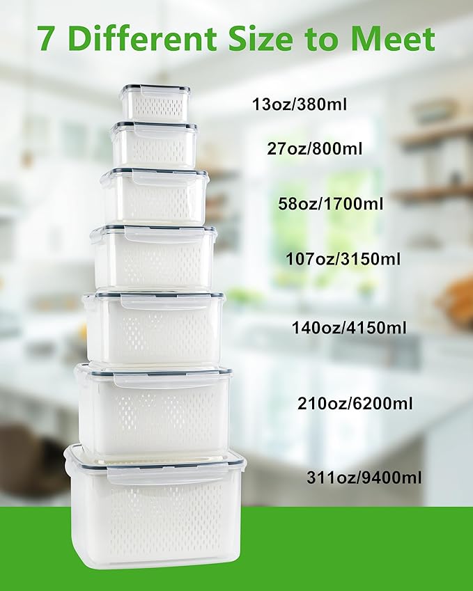 Set of white food storage containers with measurements on a blurred kitchen background