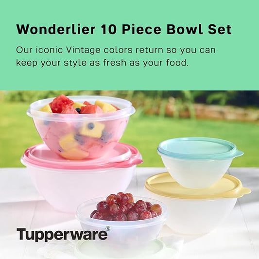 Tupperware Heritage Wonderlier 10 Piece Food Storage Bowl Set in Vintage Colors, Dishwasher Safe and BPA Free (5 Containers, 5 Lids)