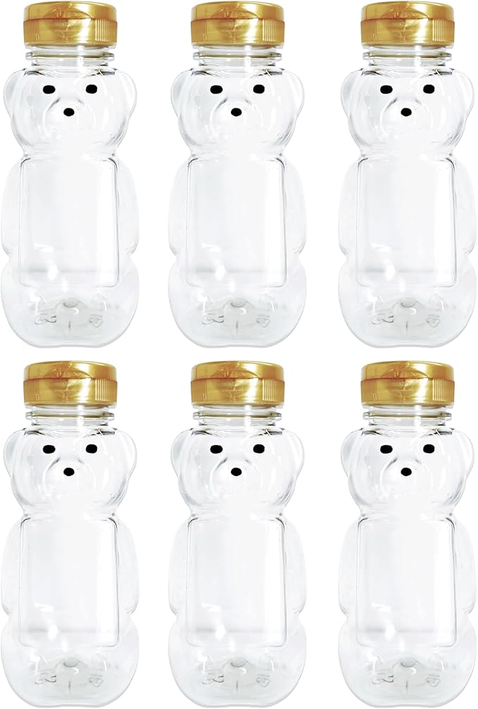 6 Pack of 8 Ounce Honey Bears with Sealable Gold Flip Top Lids (8 oz. Bear, 6pk, Gold)