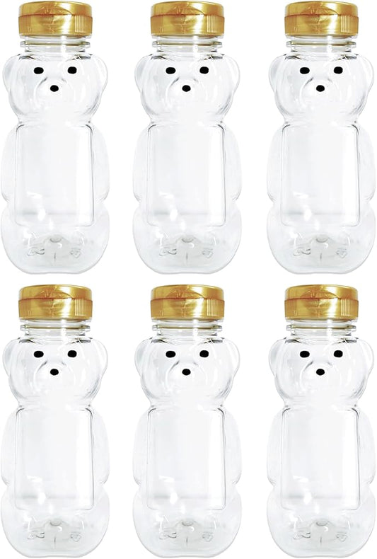 6 Pack of 8 Ounce Honey Bears with Sealable Gold Flip Top Lids (8 oz. Bear, 6pk, Gold)
