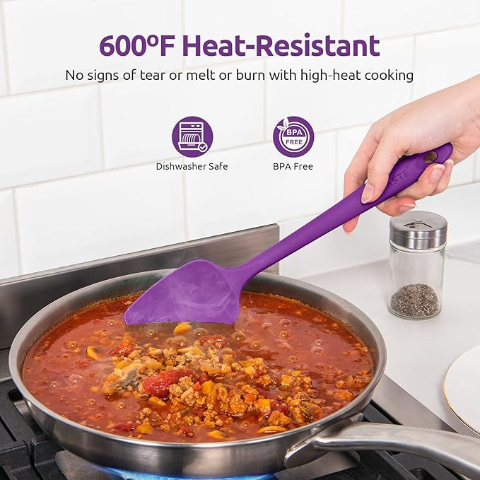 U-Taste 600ºF Heat Resistant Food Grade Silicone Spatula Set of 3, and 18/8 Stainless Steel Square Measuring Spoons Set of 8 (Purple+Silver)