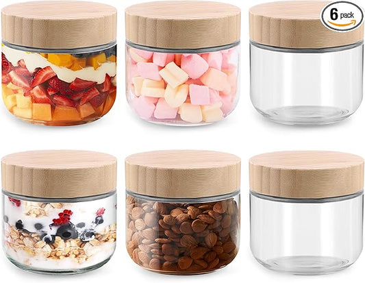 Glass jar with Bamboo lids 6 Set, 10oz overnight oats containers with lids, Glass Mason jars, Reusable Meal Prep Jars with Airtight Lids for Food Yogurt Snacks Storage