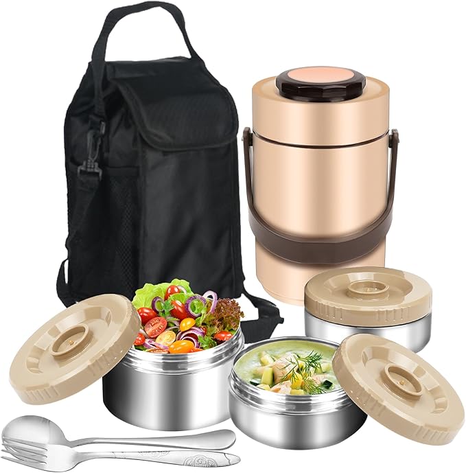 3-Layer Insulated Lunch Box for Men, Soup Thermos, Adult Leakproof Insulated Hot Food Jar Container, Stainless Steel Thermal Bento Box Lunch Bag Cutlery for Office Construction Worker Trucker Picnic