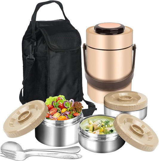3-Layer Insulated Lunch Box for Men, Soup Thermos, Adult Leakproof Insulated Hot Food Jar Container, Stainless Steel Thermal Bento Box Lunch Bag Cutlery for Office Construction Worker Trucker Picnic