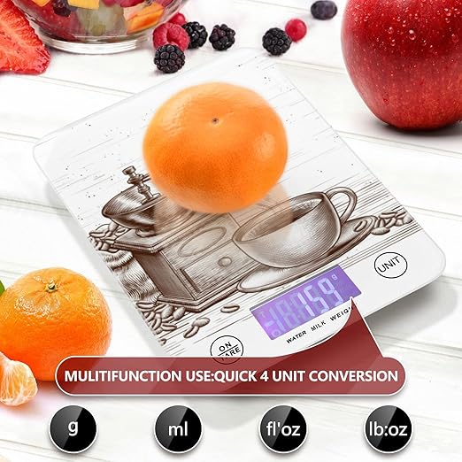 Food Scale Kitchen Digital Scale Food Ounces and Grams Dieting Baking Cooking Waterproof Glass Panels LCD Display,4 Units Scale Tare Function Coffee Time Brown