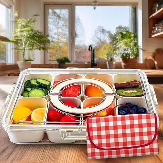 Divided Snack Tray with Lid – Portable Snackle Box with 8 Removable Compartments – Reusable Food Storage Containers for Snacks, Camping & Lunch – Includes Checkered Tablecloth