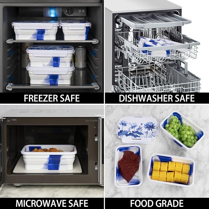 Collapsible Food Storage Containers with Lids in Blue and White Porcelain China Style, 48oz, 4 Pack, Stackable Silicone Containers for Food Lunch, Microwave Freezer Dishwasher Safe, White