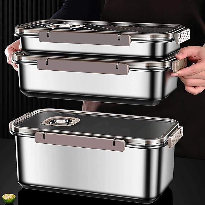 Large Stainless Steel Food Storage Containers, Food Containers with Lids for Kitchen, Picnic, Travel, Durable, Leak-Proof Design Set of 3 sizes