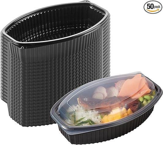 RW Base 32 Ounce Meal Prep Containers, 50 Microwavable To Go Containers With Lids - Disposable, Freezable, Black Plastic Oval Food Containers, Pack Hot And Cold Food, For Takeaway - Restaurantware