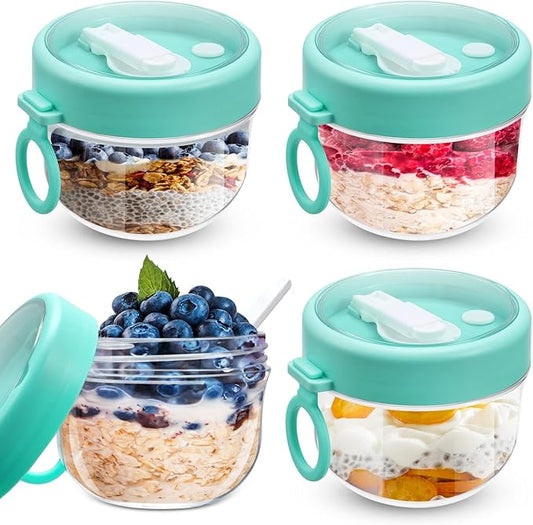 4 Pcs Overnight Oats Container with Lids and Spoons, 20 oz Plastic Overnight Oats Jars Large Capacity Airtight Yogurt Container for Milk, Fruit, Cereal and Salad Storage (Cyan)