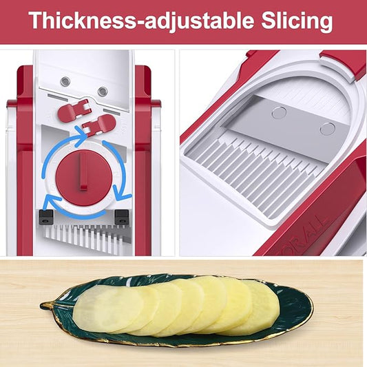 Safe Mandoline Slicer for Kitchen, Adjustable Thickness 0.1-8 mm, 5 in 1 Multi Vegetable Chopper, Potato Slicer, Food Chopper French Fry Cutte, with Paring Knife/Cleaning Brush, Mandolin (RoseRed)