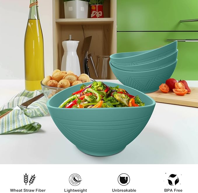 Large Salad Bowls 65 OZ - Wheat Straw Bowl Unbreakable Large Capacity Serving Bowl for Chips, Popcorn, Microwave & Dishwasher Safe Kitchen Bowls for Camping, Party, Big Cereal Bowl (Green)