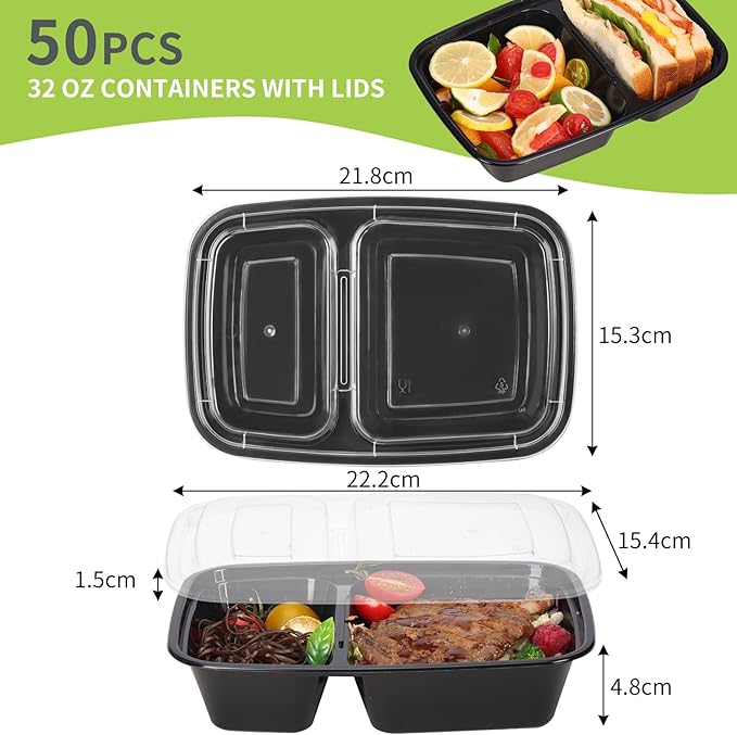 Moretoes 50 Pack 32oz Meal Prep Containers Reusable 2 Compartment Food Storage Containers with Lids Plastic Stackable To Go Boxes Microwave, Freezer, Dishwasher Safe