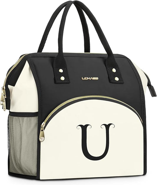 Personalized Lunch Box for Women, Initial Reusable Insulated Lunch Bag, Wide-Open Adult Lunchbox Cooler Lunchbag, Initial Leakproof Lunch Tote Bag for Picnic Work Outdoors Black and White - U