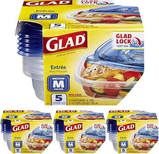 Glad Medium Square Food Storage Containers for Everyday Use | Medium Square Food Storage Containers Hold up to 25 Ounces of Food (25 Oz) |5 Count, Standard Food Containers (Pack of 4)