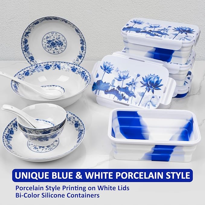 Collapsible Food Storage Containers with Lids in Blue and White Porcelain China Style, 48oz, 4 Pack, Stackable Silicone Containers for Food Lunch, Microwave Freezer Dishwasher Safe, White