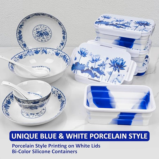 Collapsible Food Storage Containers with Lids in Blue and White Porcelain China Style, 48oz, 4 Pack, Stackable Silicone Containers for Food Lunch, Microwave Freezer Dishwasher Safe, White