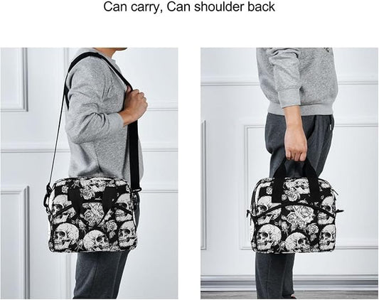 MNSRUU Insulated Lunch Bag Gothic Skulls and Flowers Women Men Fabric Dinner Tote Cooler Bag Reusable Leakproof Lunch Box with Adjustable Shoulder Handles Strap For Work School