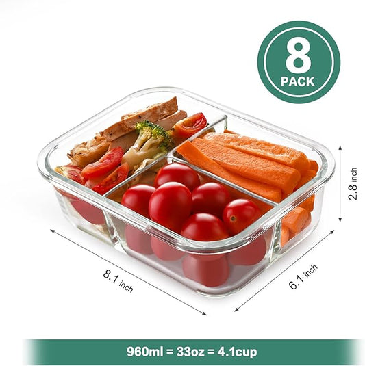HOMBERKING 8 Pack Glass Meal Prep Containers 3 Compartment, 36oz Glass Food Storage Containers with Lids, Airtight Lunch Bento Boxes, BPA-Free & Leak Proof (8 lids & 8 Container) - Black
