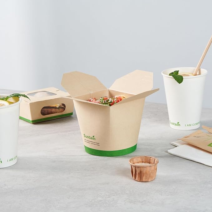 Restaurantware Sustain 26 Ounce Sturdy Paper Take Out Boxes, 200 Disposable Take Out Food Containers - With PLA lining, Compostable, Bamboo Paper Containers, Built-In Tab-Lock Cover, Greaseproof