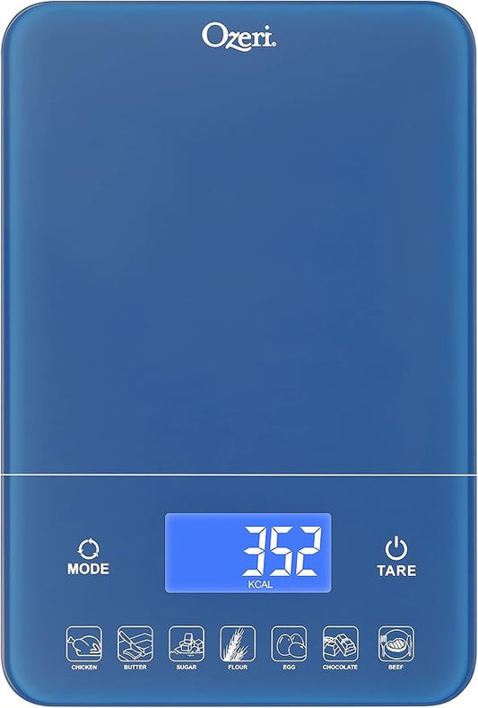 Ozeri Touch III Digital Kitchen Scale with Calorie Counter, 22 lbs (10 kg), Classic Blue