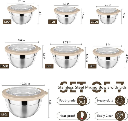 P&P CHEF Mixing Bowl with Lid Set, Stainless Steel Nesting Salad Bowls for Cooking Serving Prepping, Clear Lids & Stackable Design, Size 4.6, 3.5, 3, 2, 1.5, 1, 0.7 Qt - Khaki, Set of 7