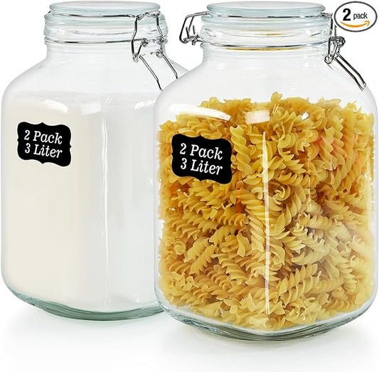 Ollieroo 106oz Square Glass Jars with Airtight Lid, Large Mason Jars, Wide Mouth Storage Containers for Flour, Cereal, Coffee, Pasta and Canning, Big Glass Kitchen Canisters (Set of 2)