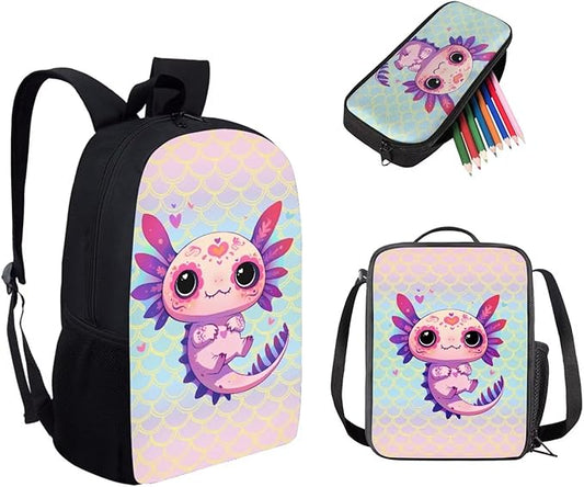 Dolyues Scale Axolotl 17-Inch Girls' 3-Piece Backpack Set - Waterproof School Bag with Lunch Box and Pencil Case - Perfect Travel Gift for School