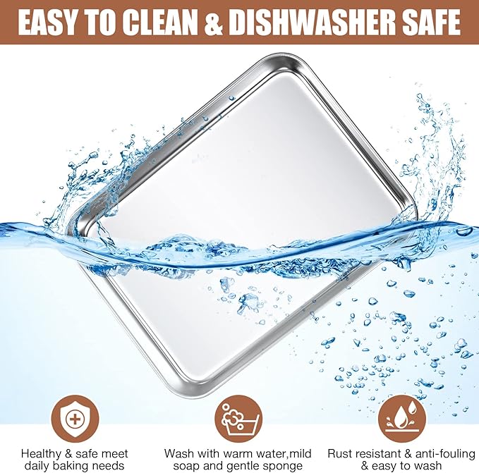 6 Pcs Baking Sheet Pan Set 9 x 6.7 x 1 inches Cookie Sheet Small Toaster Oven Pans Stainless Steel Tray Barbecue Grill Pan Rectangle Trays Oven, Non-stick, Easy Clean