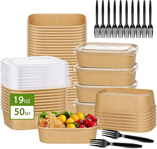50-Pack 19oz Disposable Kraft Paper Bowls with Lids and Forks, Disposable Meal Prep Rectangle Food Containers Crawfish Boil Party Supplies, Leakproof and Microwave Safe for Hot Soup Cold Food Takeout